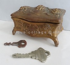 antique BRASS JEWELRY BOX CASKET COFFIN ROSE w KEY art nouveau STACK FAM... - £99.12 GBP