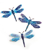 Dragonfly Wall Plaque Set 3 Metal Denim Blue Patterned Wing Cutouts 15&quot; wide - £46.60 GBP