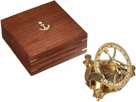 NauticalMart Solid Brass 3&quot; Sundial Compass - W/Inlaid Hardwood Box - £19.12 GBP