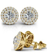 Round Lab Grown Diamond Bridal Double Halo Stud Earrings 14K Solid Gold - $686.75 CAD+