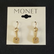 Monet Golden Earings Filigree Mesh Gold Tone Drop Pierced Earrings NWT On Card - $15.83