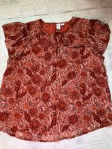 586-JOIE Orange Floral Metallic Flutter Sleeve Blouse Tie Front Size Small - £20.03 GBP