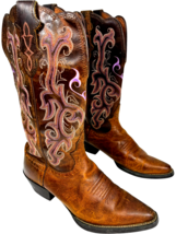 Justin Boots mens 5.5B Brown Leather Pointed Toe Colored Embroidery L2565 - $45.62
