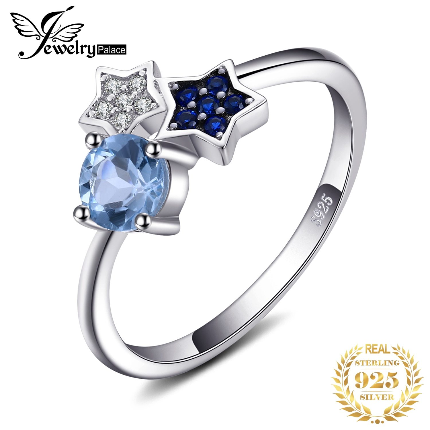 Star Genuine Blue Topaz Created Blue Spinel 925 Sterling Silver Ring for Women F - £20.20 GBP