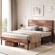 Vecelo Full Size Platform Bed Frame With Rustic Wood Headboard And Footboard, - £112.16 GBP