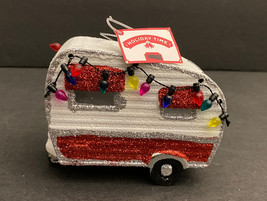 Holiday Time Camper Trailer Christmas Ornament, White and Red, NWT 4&quot; x 2&quot; x 3&quot; - £6.38 GBP