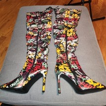 Womens size 10 street art graffiti high heel knee high boots, only worn ... - £21.99 GBP