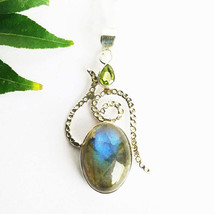 Natural Blue Fire Labradorite / Peridot Gemstone Pendant, Birthstone Pendant, 92 - £24.95 GBP