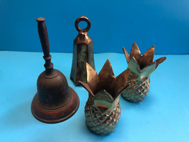 Lot Of 4 Collectible Brass Made IN India Hand Ringing Bells &amp; Pair Of Pineapples - £31.93 GBP