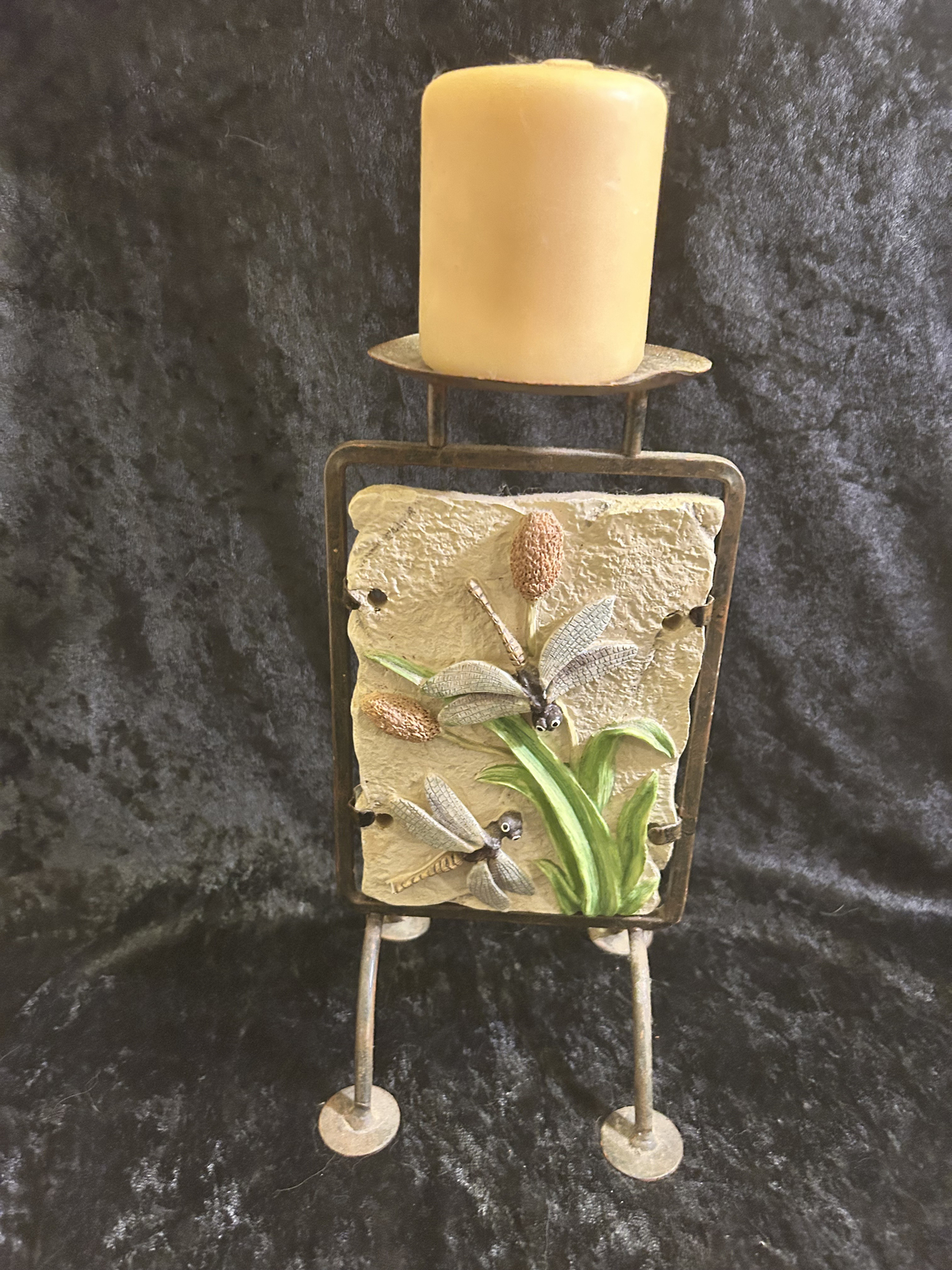 Vintage Arister Iron &amp; Stone Hand Painted Dragonfly Pedestal Candle Holder - $3.00