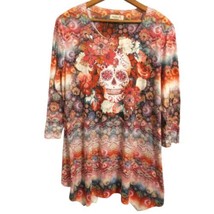 One World Skull Sublimated Tunic L Top Spooky Halloween Embellished Asym... - £25.57 GBP