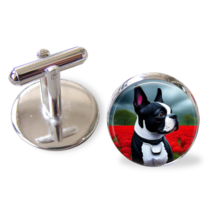 Boston Terrier cufflinks artwork set into 16mm round silver plated cufflinks - £12.23 GBP