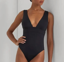 Lauren Ralph Lauren Sz 16 Beach Club Modern V-Neck Swimsuit Black Slimmi... - $69.29