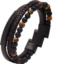 Leather Beads Bracelet Men Engraved Inspirational Adjustable Magnetic Clasp - £31.54 GBP