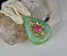 Antique Natural Green Emerald Quartz Ruby Diamond Pearl 18KGOLD Fashion Necklace - £1,397.01 GBP