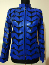 Blue Plus Size Leather Coat Woman Jacket Leaf Design Zip Light Short Lambskin D1 - £180.41 GBP