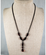 Vintage Signed 1928 Dark Gunmetal &amp; Red Oval Rhinestone Lavalier Rope Ne... - €36,54 EUR
