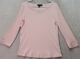 Lauren Ralph Lauren Blouse Womens Large Cotton Pink Lace Trim Ribbed Long Sleeve - £19.71 GBP