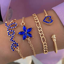 4pcs Blue Flower Love Butterfly Bracelet Set With Rhinestones Design - £3.80 GBP