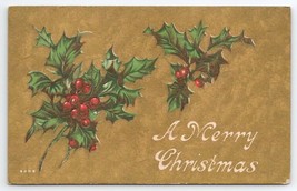 Merry Christmas Holly Berry On Shimmering Golden Postcard A34 - £4.72 GBP