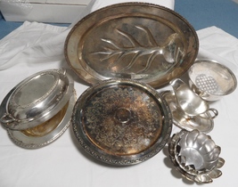 Vintage 6 Pc. Silver Plate Serving Bowl/Platter/Gravy Boat/CakePlatter Mixed Lot - £33.61 GBP