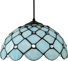 Blue Glass Pendant Light Fixture Vintage Tiffany Stained Hanging Bronze Kitchen - £108.20 GBP
