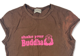 Vintage &quot;Shake Your Buddha&quot; Boho, Hippie Brown/Pink Cap Sleeve Slim Fit T-Shirt - £22.69 GBP