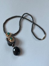 Tiny Round Hematite Bead w Long Faceted Black Stone w Ornate Goldtone &amp; Turquois - $18.49