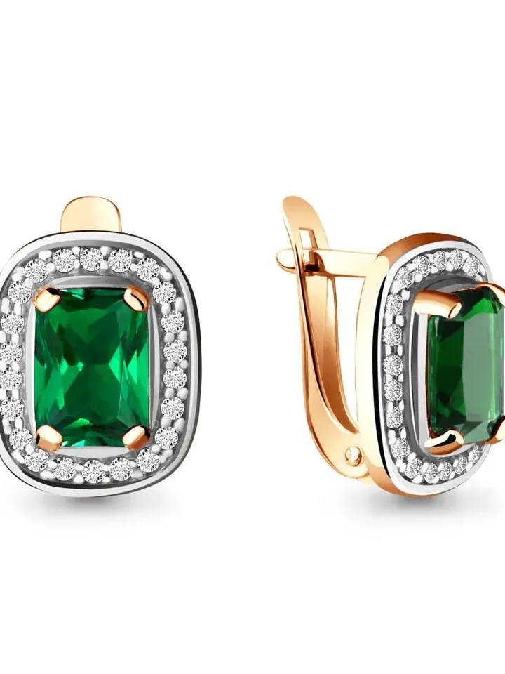 Earrings silver 925, gold plated with emerald and cubic zirconia - $109.00