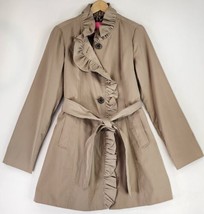 Betsey Johnson Jacket Womens Large Beige Ruffled Belted Button Up Trench Coat - £71.65 GBP