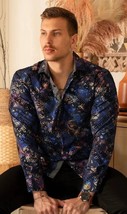 Bespoke Velvet Accents Greek key long sleeve button up Dress shirt - $79.00