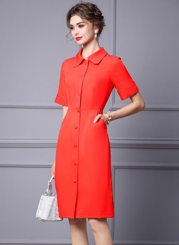 Celeb Amal Clooney Inspired Shirt Collar Scarlet Shirt Sheath Midi Dress in Red Item image 4