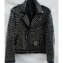 Men&#39;s Black Color Full Silver Spike Studded Genuine Leather Handmade Jacket - £297.61 GBP