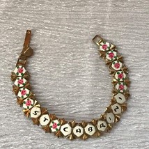 Vintage St. Cabrinini White Enamel with Pink Roses Goldtone Link Bracelet  - £11.00 GBP