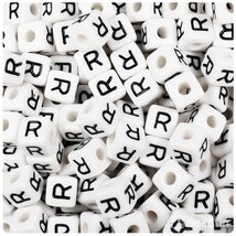BeadTin White Opaque 10mm Cube Plastic Alphabet Beads- Black Letter R (2... - $2.09