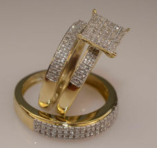 1CT Simulated Diamond Mens Womens Engagement Trio Set 925 Silver Gold Plated - £88.61 GBP