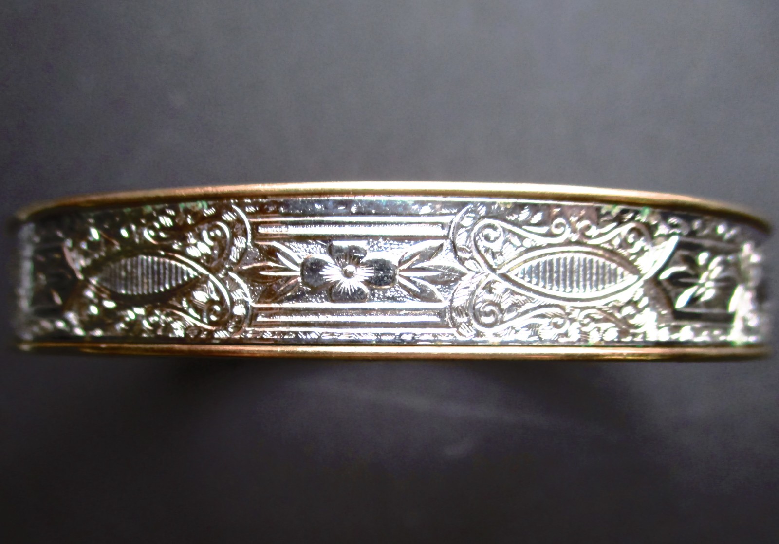 Vintage Krementz Poppy Pattern Silver & Gold Tone Bangle Bracelet Safety Chain  - $70.00