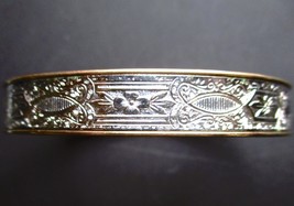 Vintage Krementz Poppy Pattern Silver &amp; Gold Tone Bangle Bracelet Safety Chain  - £55.88 GBP