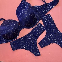 Victoria&#39;s Secret 36DDD BRA SET 2 M thongs NAVY BLUE silver star celestial astro - $98.99