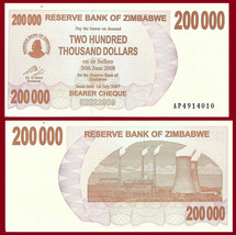 Zimbabwe P49, $200,000 Bearer Cheque, Hwange coal fired power station UNC 2007 - £1.78 GBP