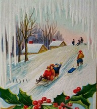 Christmas Postcard Gold Border Embossed Children On Sled Icicles Snow Nash c 35 - £5.05 GBP