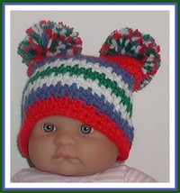 Denim Blue Hat Newborn Baby Boy Boys Red Green White Pom Poms Jester - £9.38 GBP