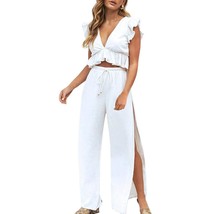 Womens White Two Pieces Outfits Deep V Neck Crop Top Side Slit Drawstrin... - $70.99