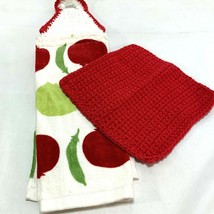 Handmade Kitchen Towel and Dish Cloth Set Crochet Hanging Towel Red Tomatoes - £17.44 GBP
