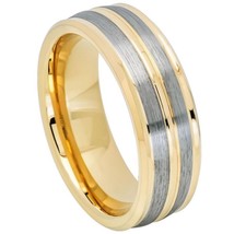 Tungsten Ring Yellow Gold IP Plated Pinstripe Gun Metal  Beveled Edge 8mm Band - £29.00 GBP