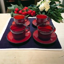 4 Arcoroc France Ruby Red Glass Teacups Saucers 60s Witchy Christmas Goth MCM - £29.73 GBP