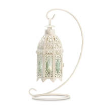 White Decorative Candle Lantern with Stand – Vintage Metal Holder - $26.95