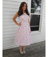 50s Dress Floral Print White Sleeveless Full Skirt Sheer M L 38 Bust Vin... - $49.00
