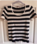 Women Top Stripe Navy White Ribbed Scalloped Fitted Stretch New Ann Tayl... - £11.60 GBP