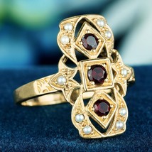 Natural Garnet Vintage Style Filigree Three Stone Ring in Solid 9K Yellow Gold - £551.36 GBP